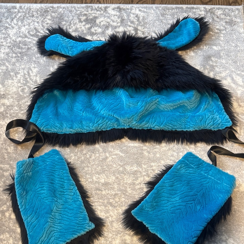 Custom made blue and black rabbit ear rave hood with mittens